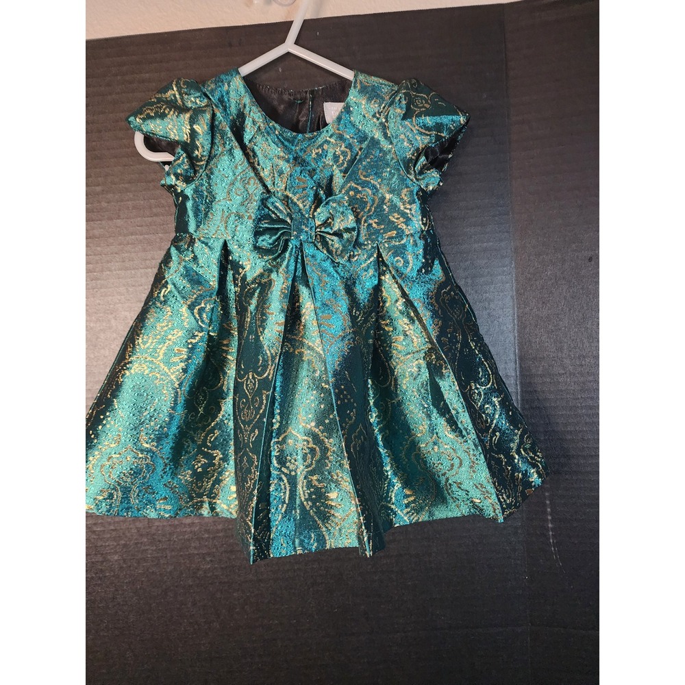 The Childrens Place Baby Girl Teal Gold Metallic Damask Holiday Dress 9-12M